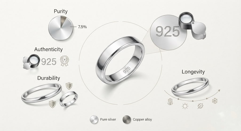 925 stamped on jewellery means it is sterling silver: 92.5% pure silver mixed with 7.5% other metals, usually copper, for strength.