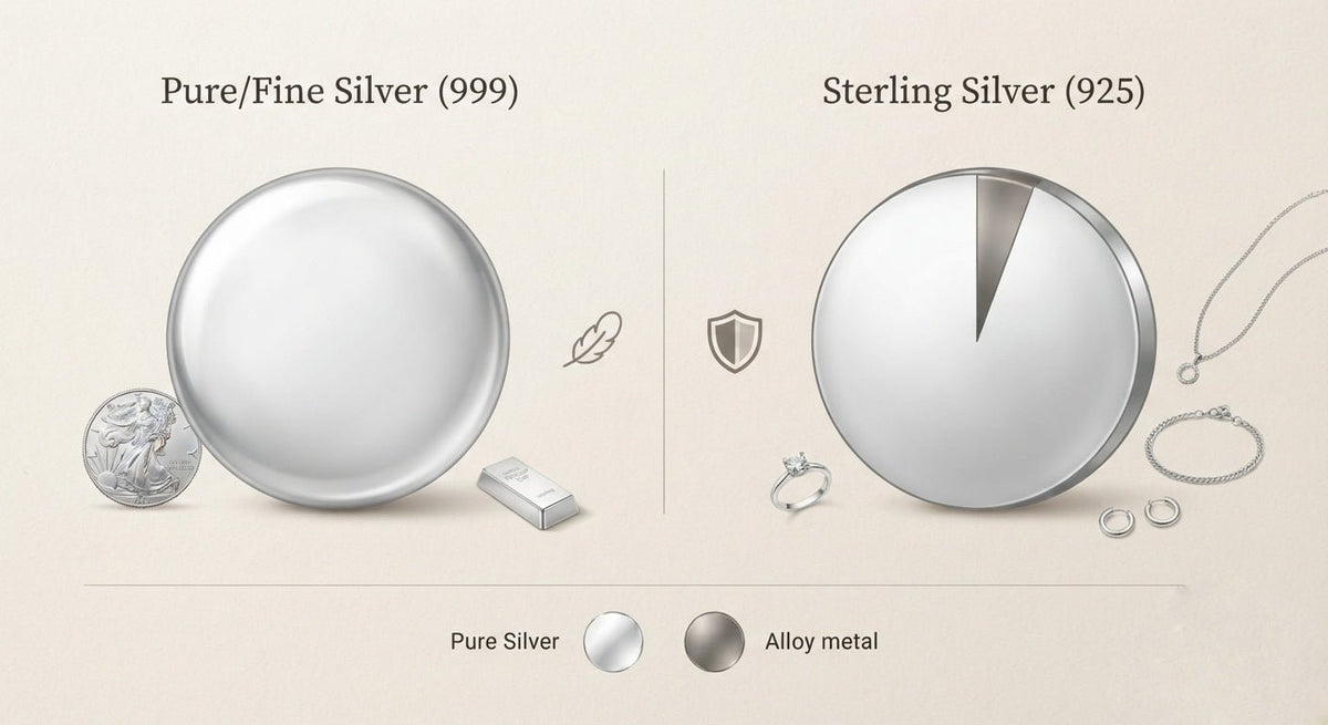The difference between silver and sterling silver is purity. "Silver" (also called pure or fine silver) is 99.9% pure and marked 999.