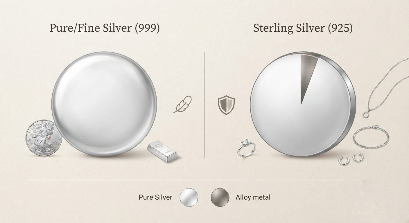 The difference between silver and sterling silver is purity. "Silver" (also called pure or fine silver) is 99.9% pure and marked 999.