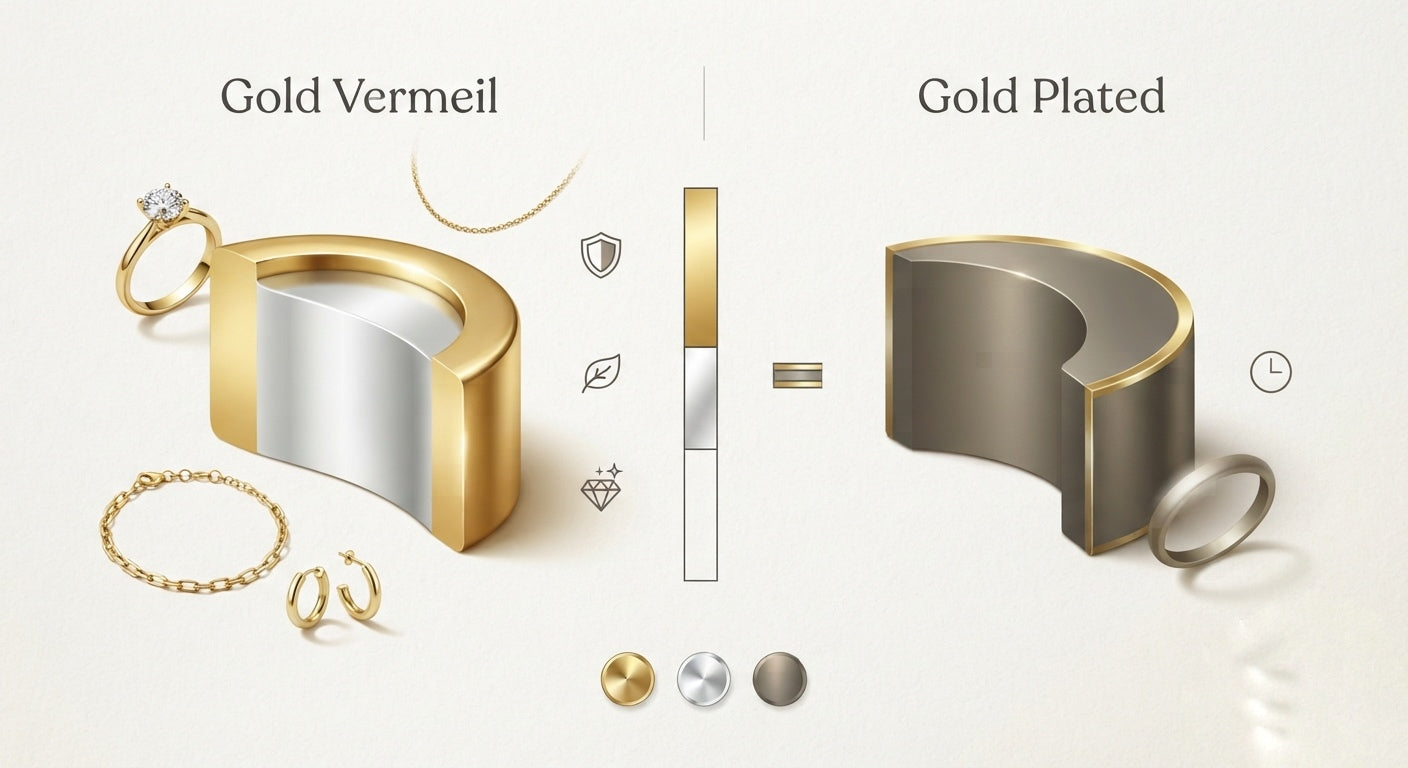 The difference between gold vermeil and gold-plated jewellery is what is underneath and how thick the gold is.