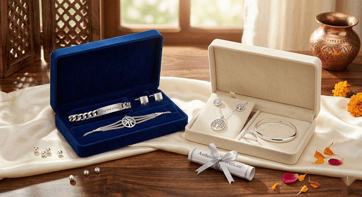 Silver Raksha Bandhan gift boxes for a sister and a brother with an authenticity certificate, marigolds and a kalash