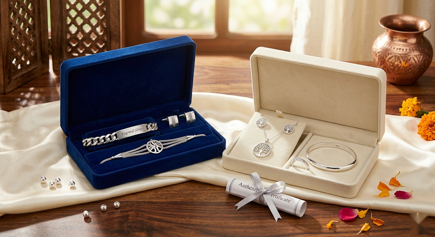 Silver Raksha Bandhan gift boxes for a sister and a brother with an authenticity certificate, marigolds and a kalash