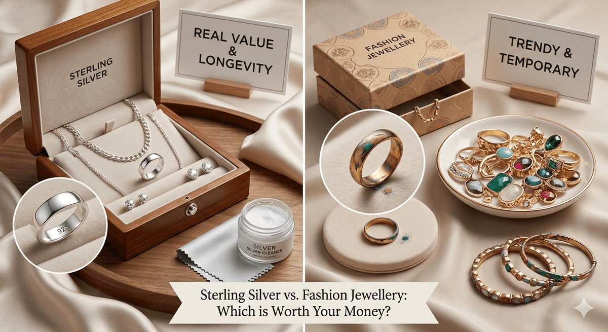 Sterling silver jewellery box beside plated fashion jewellery that has tarnished