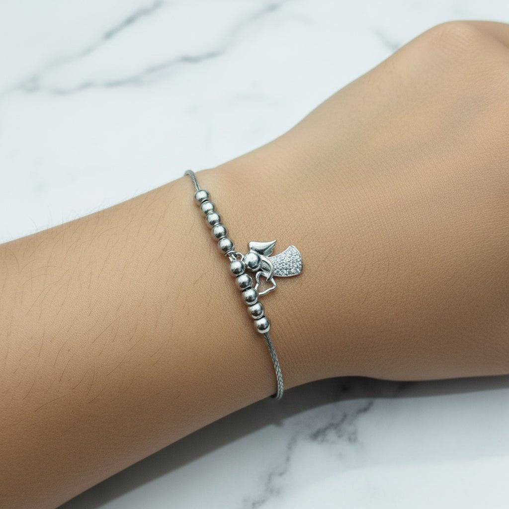 Elegant Adjustable Angel Charm White AD Stone 925 Sterling Silver Bangle