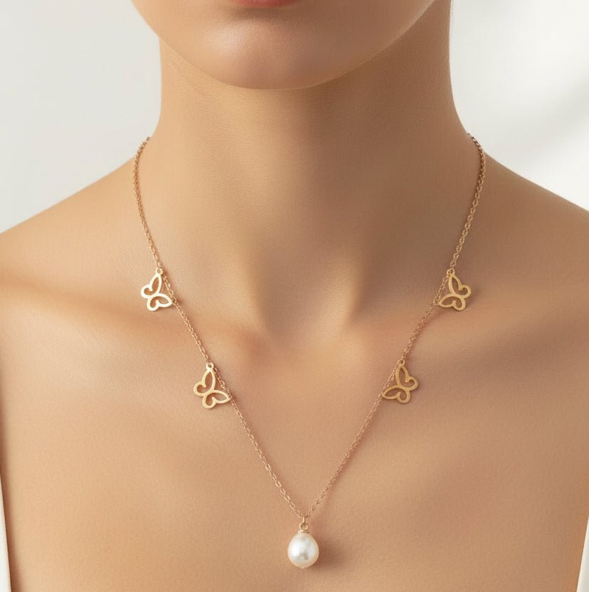 Pearl Butterfly Charm 925 Sterling Silver Necklace — detail view