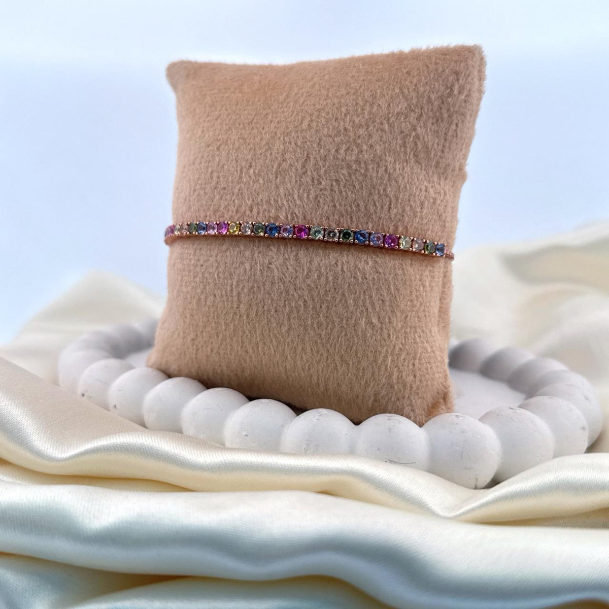 Sterling 92.5 Silver Multi-Color Stone Rose-Tone Adjustable Bracelet for Women