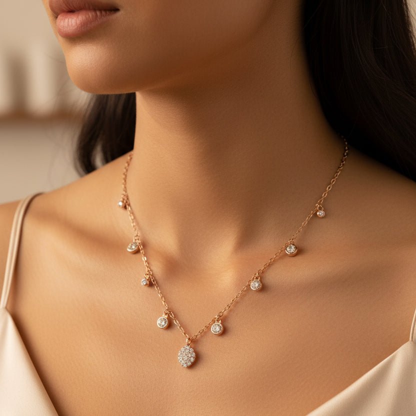 Classic Charm White AD Stone 925 Sterling Silver Italian Charmed Chain Necklace — detail view