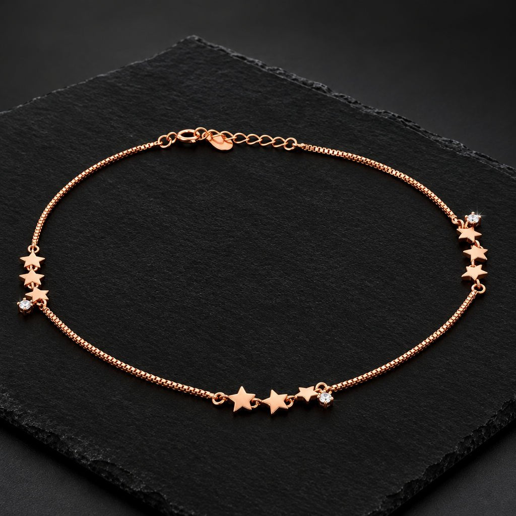 Fair 925 Rose-Tone Sterling Silver White AD Stone Star Charm Italian Women's Anklets