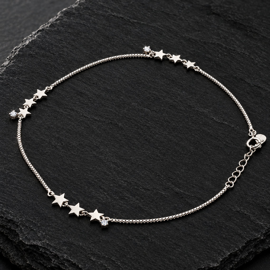 Fair 925 Sterling Silver White AD Stone Star Charm Italian Women's Anklets