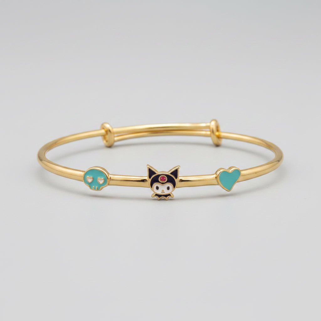 Gold-plated 925 sterling silver kids' adjustable bangle with enamel cartoon character, skull and heart charms