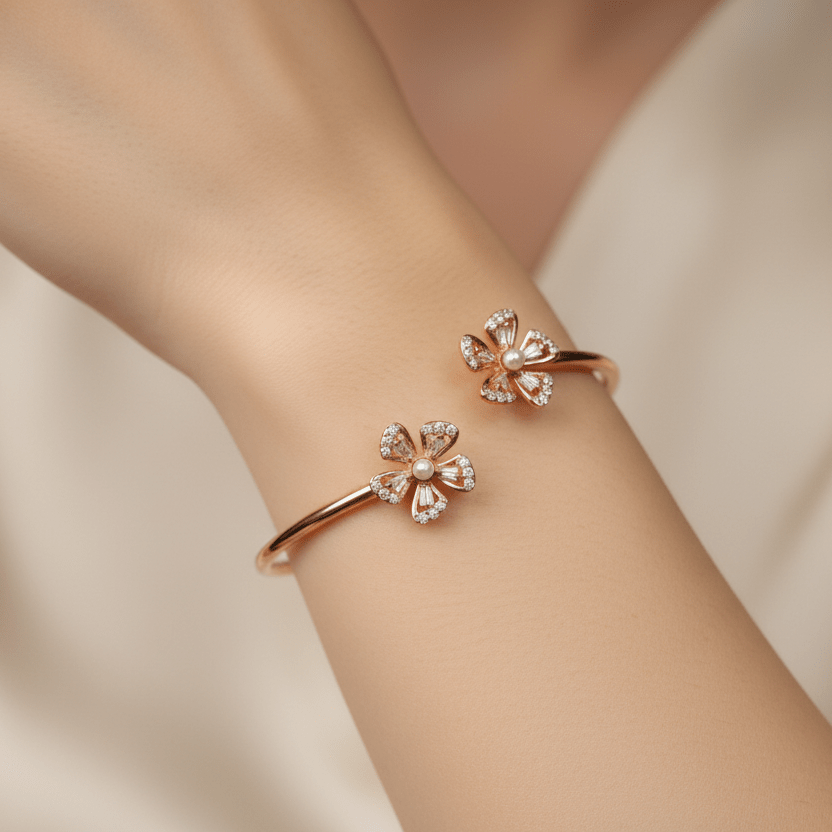 Bangles - Rose-Tone 925 Sterling Silver Pearl & Micro AD Stone Floral Women's Adjustable Bangle - Topco Silver