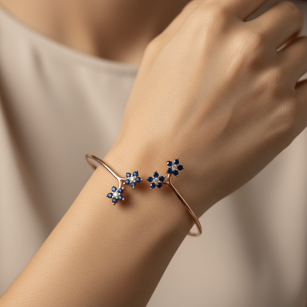 Bangles - Rose-Tone 925 Sterling Silver White & Blue AD Stone Floral Women's Adjustable Bangle - Topco Silver