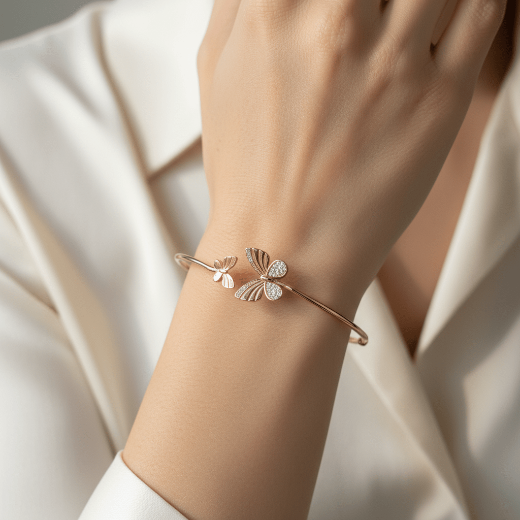 Bangles - Rose-Tone 925 Sterling Silver White Micro AD Stone Butterfly Women's Adjustable Bangle - Topco Silver
