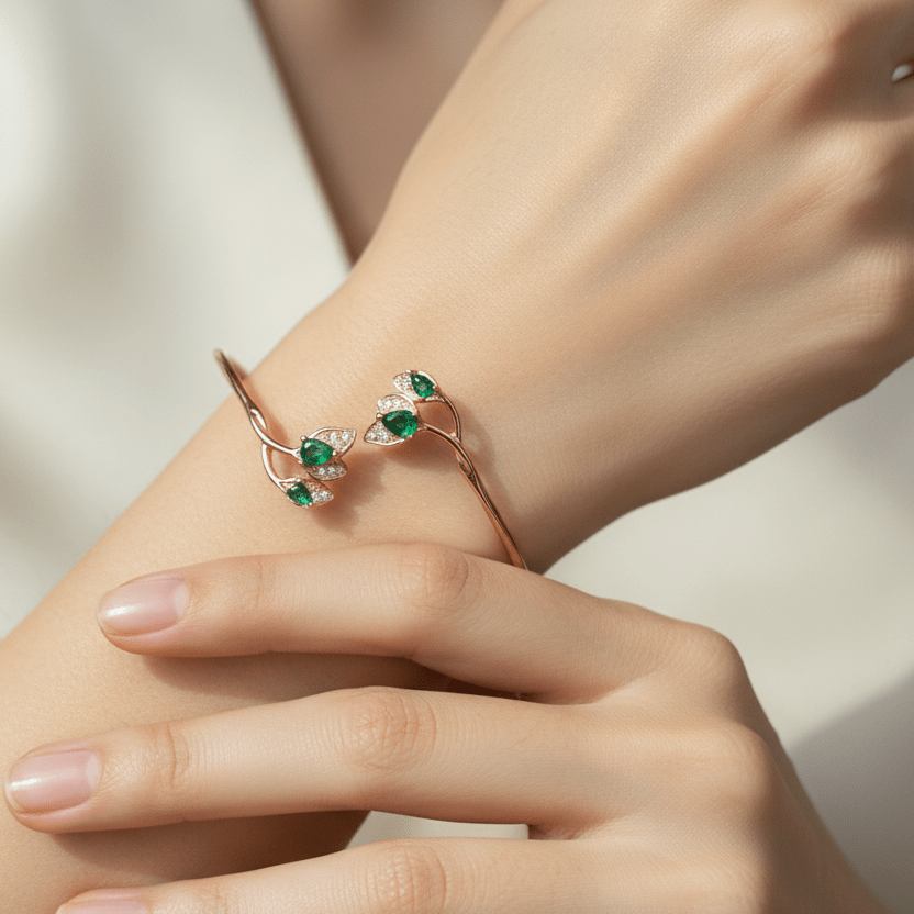 Bangles - Rose-Tone 925 Sterling Silver Green & White AD Stone Leaf Women's Adjustable Bangle - Topco Silver