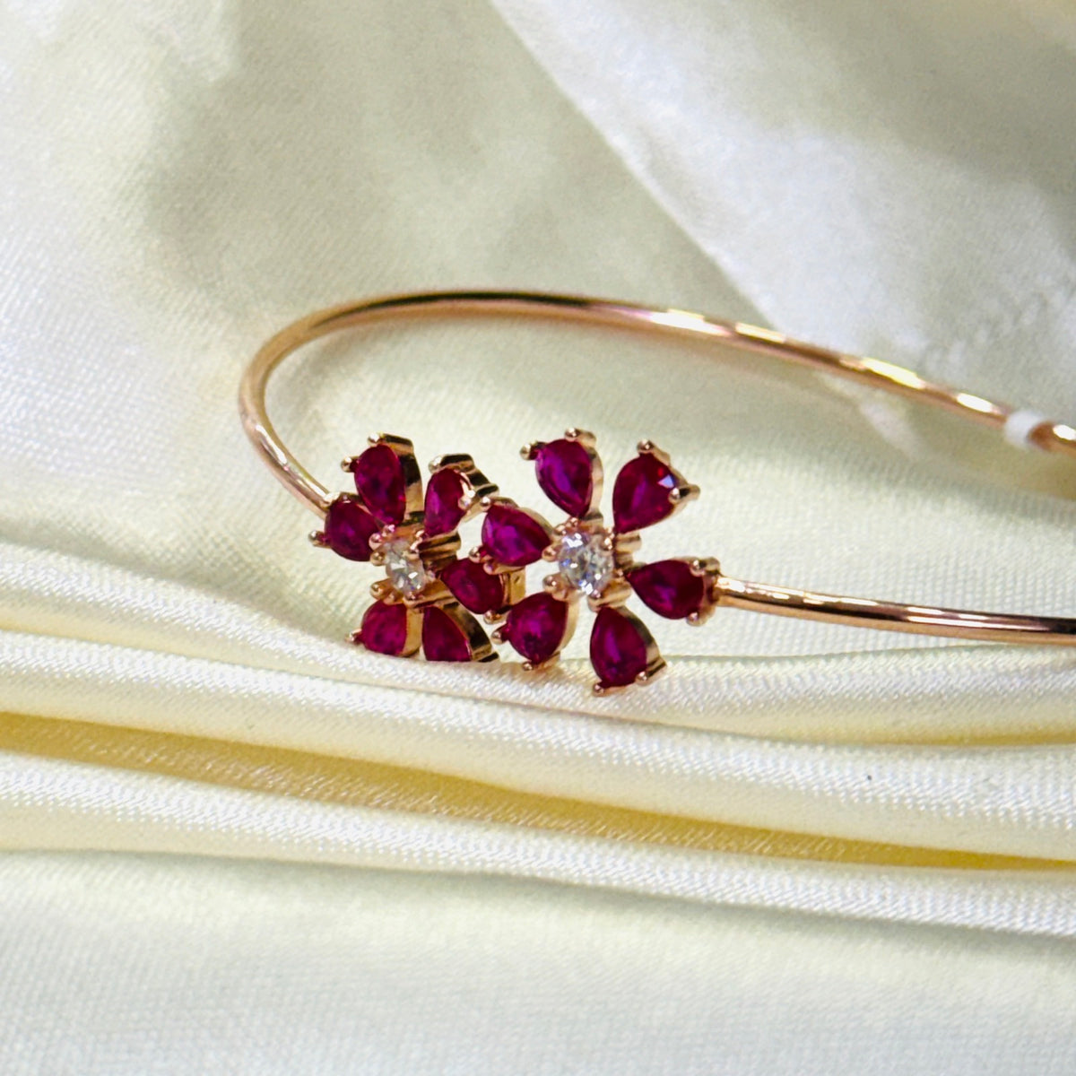 Rose-Tone 925 Sterling Silver with Pink & White AD Stone Women's Adjustable Bangle