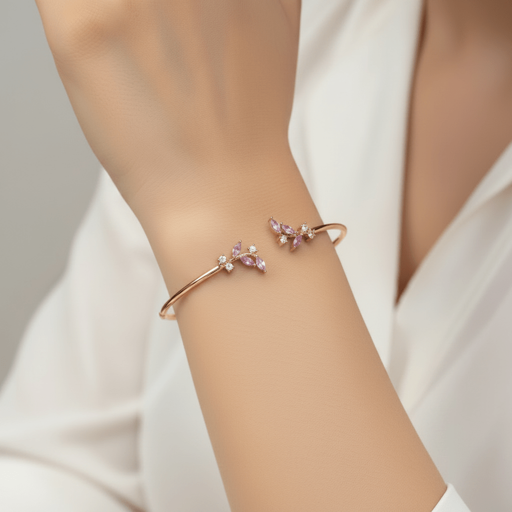 Bangles - Rose-Tone 925 Sterling Silver Baby Pink & White AD Stone Floral Leaf Women's Adjustable Bangle - Topco Silver