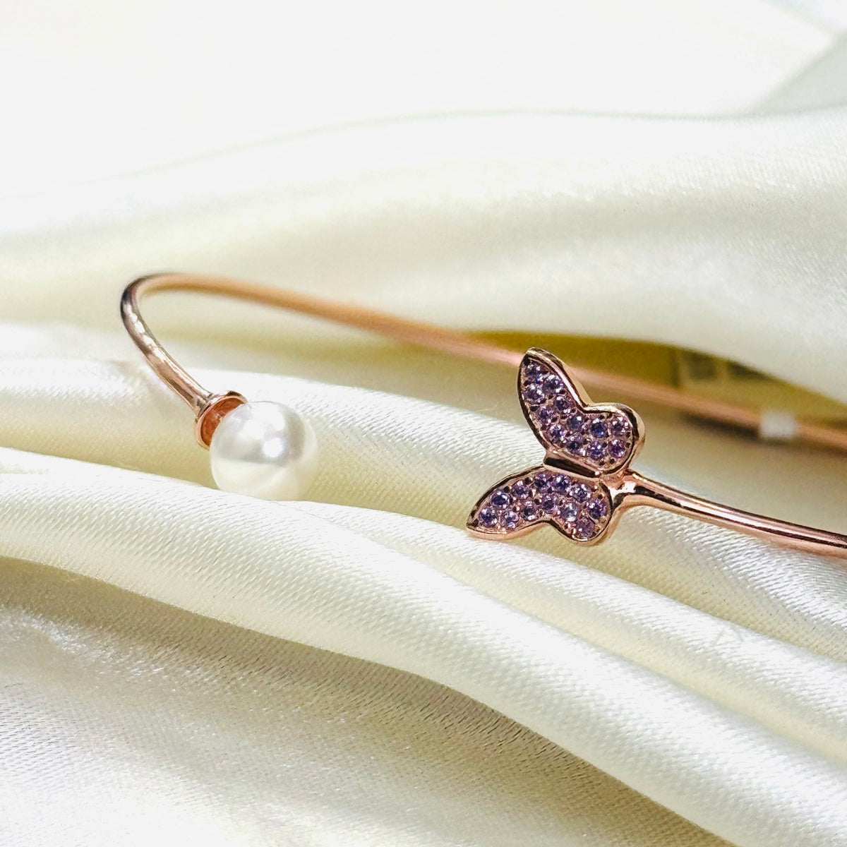 Rose-Tone 925 Sterling Silver Purple AD Stone Butterfly & Pearl Women's Adjustable Bangle