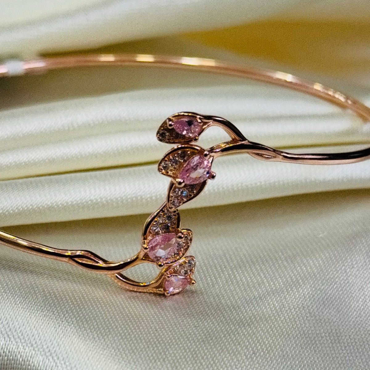 Rose-Tone 925 Sterling Silver Baby Pink & White AD Stone Floral Women's Adjustable Bangle - view 2