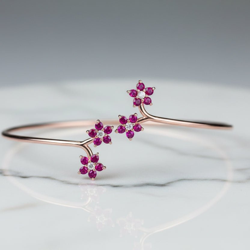 Rose-Tone 925 Sterling Silver Pink & White AD Stone Floral Women's Adjustable Bangle - view 2
