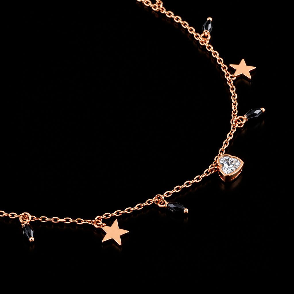Fair 925 Rose-Tone Sterling Silver White AD Stone with Black Beads Italian Women's Anklets