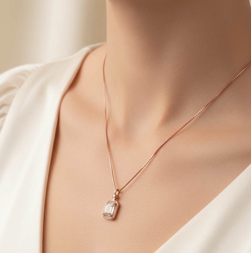 Necklaces - Rose Charm White AD Stone Rose Tone Silver Italian Charmed Necklace - Topco Silver
