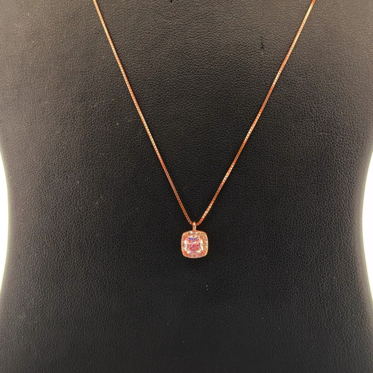 Rose-tone 925 sterling silver pendant necklace with white and pink AD stone cushion halo