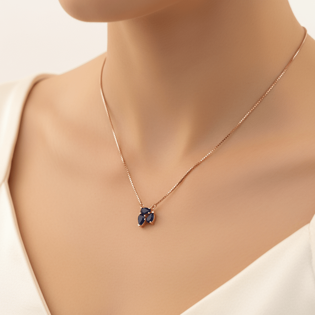 Necklaces - Rose Sapphire Blue AD Stone Rose Tone Silver Italian Chain Necklace - Topco Silver