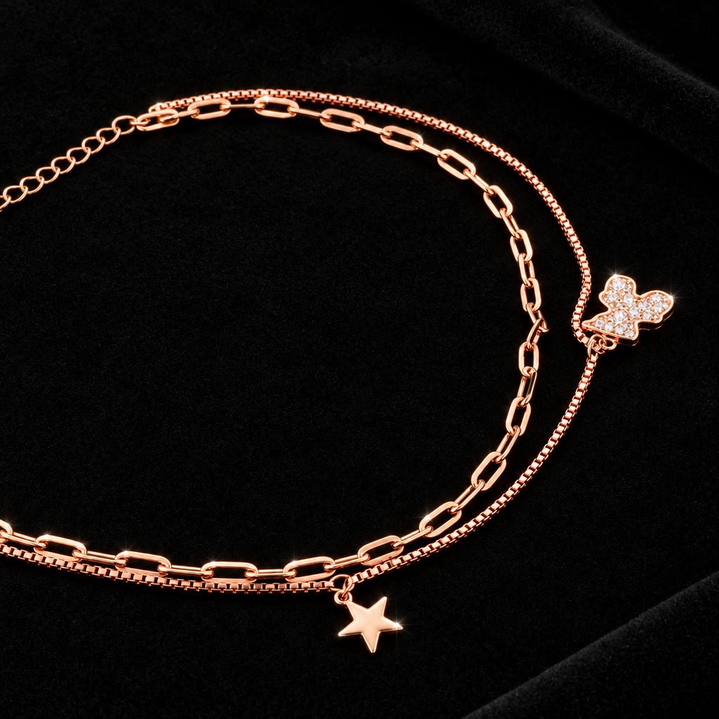 Fair 925 Rose Gold Plated Sterling Silver White AD Stone Layered Teddy Bear & Star Charm Italian Women's Anklets