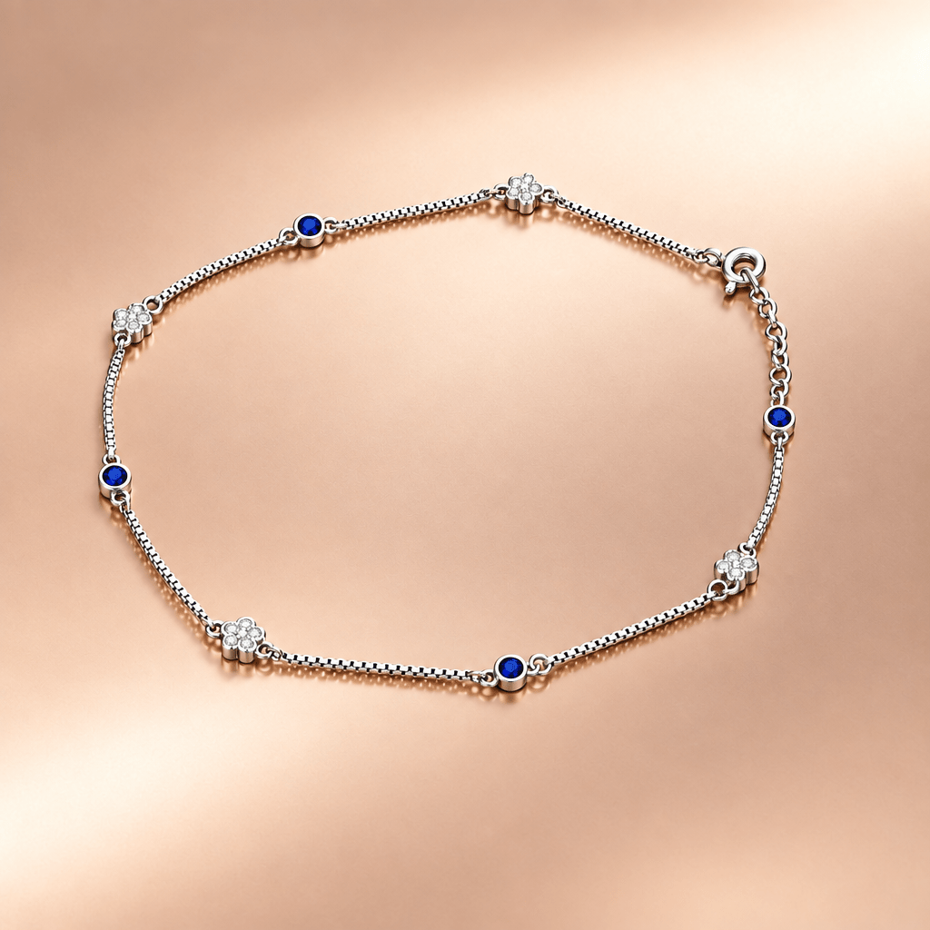 Anklets - Fair 925 Sterling Silver White AD Floral With Blue AD Stone Women's Anklet - Topco Silver