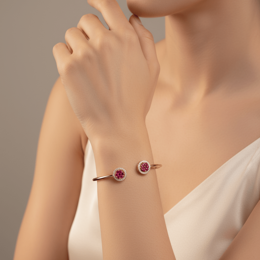 Bangles - Rose-Tone 925 Sterling Silver White & Ruby Pink AD Stone Women's Adjustable Bangle - Topco Silver