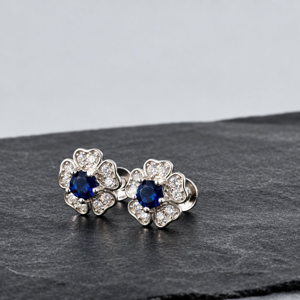 Fair 925 Sterling Silver White & Blue AD Stone Floral Cluster Studs Women's Earrings