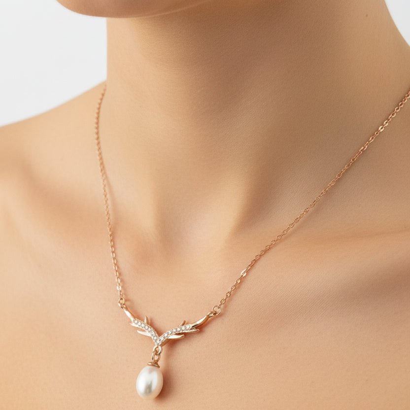 Pearl Spark White AD Stone Rose Tone Silver Italian Chain Necklace — alternate view