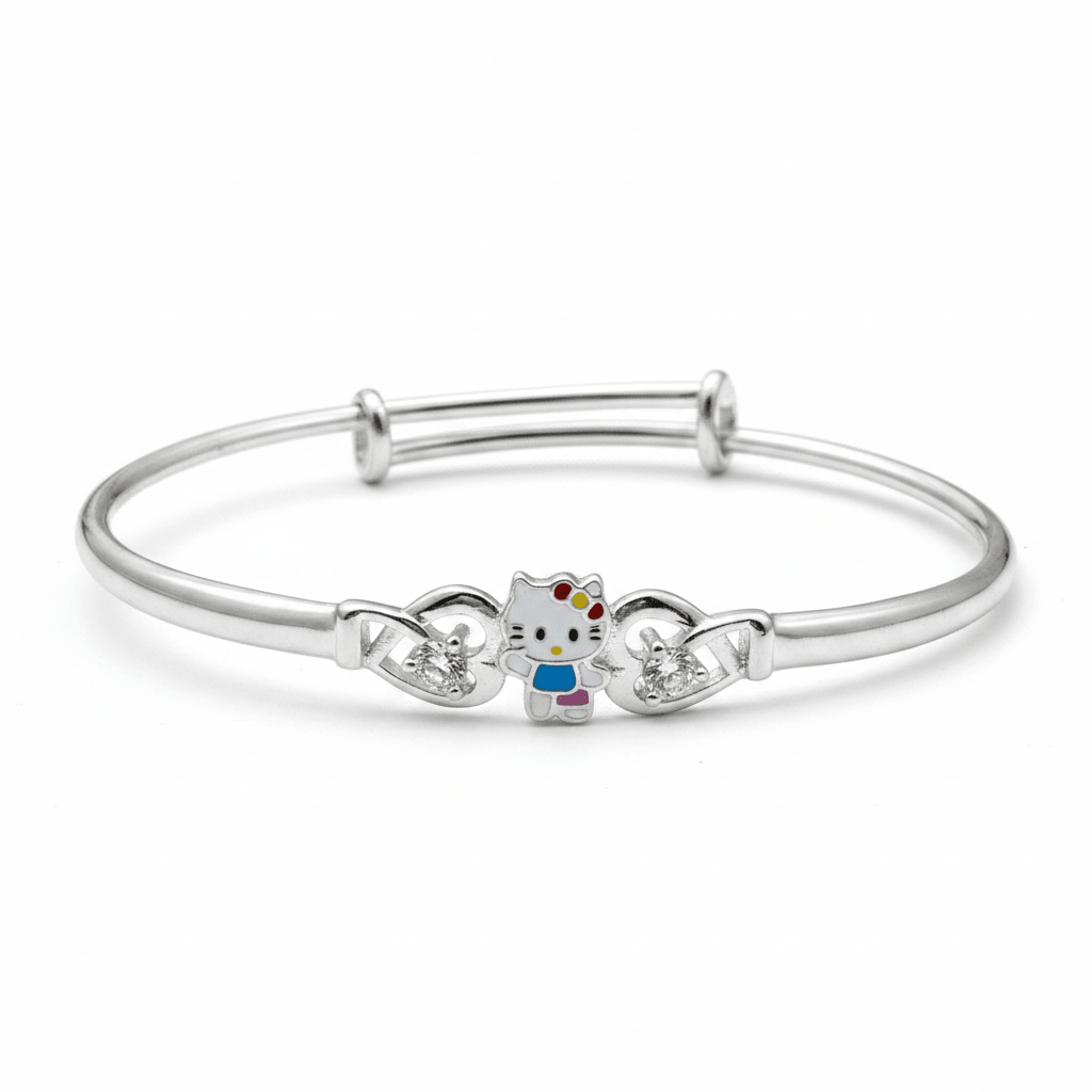 925 sterling silver kids' adjustable bangle with an enamel cartoon cat charm between two white AD stone hearts