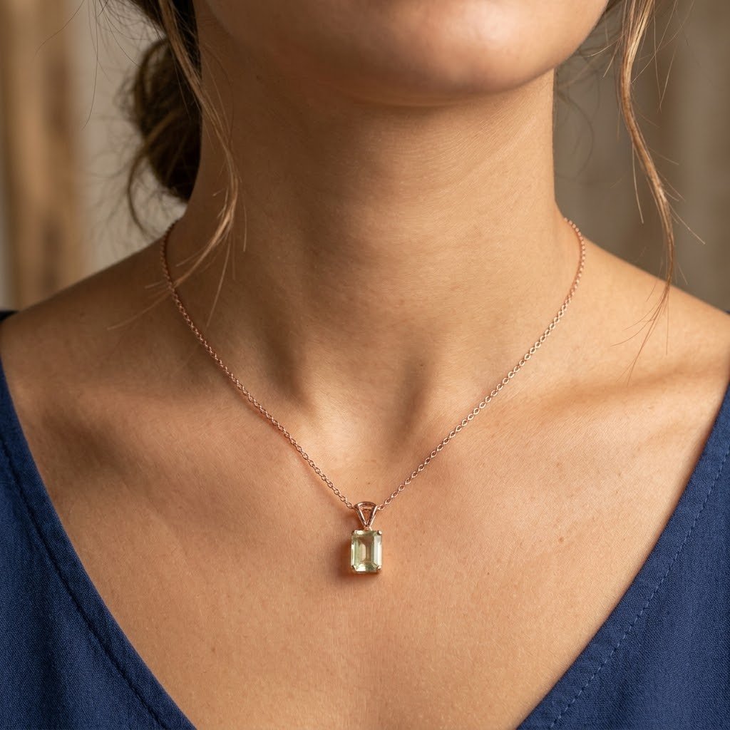 Necklaces - Emerald Glow Green AD Stone Rose Tone Silver Italian Chain Necklace - Topco Silver