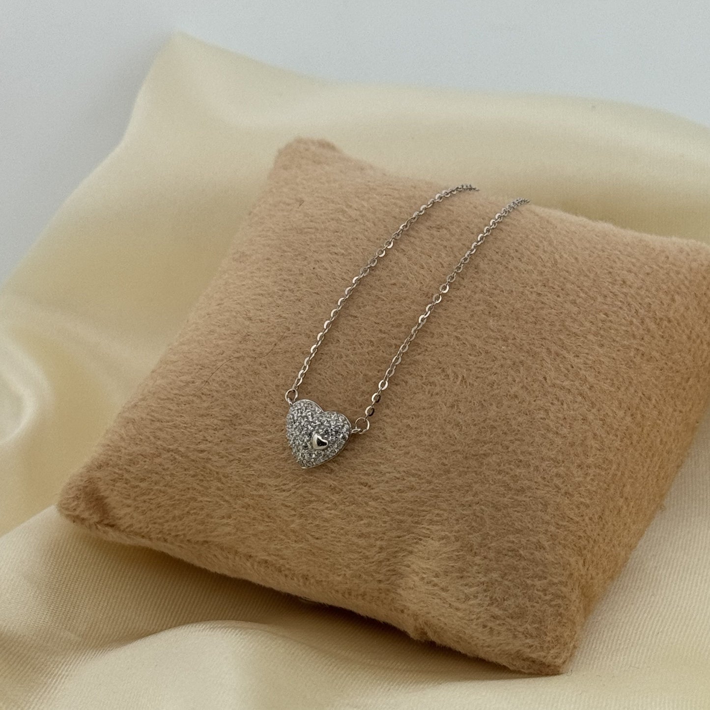 White AD pavé puffy heart 925 silver necklace — rhodium daily charm for gifting occasions. - image 1