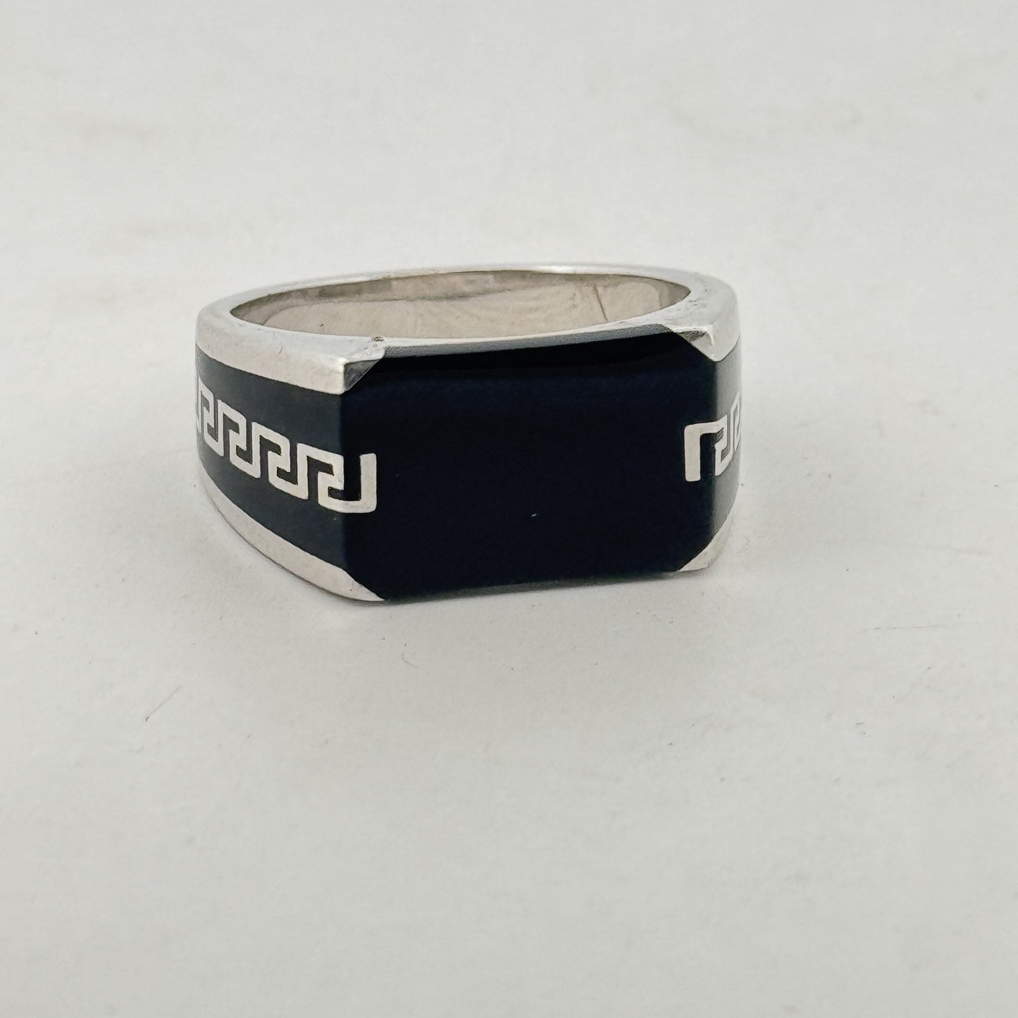 Black enamel Greek key 925 silver ring — bold everyday sophistication for men. - image 1