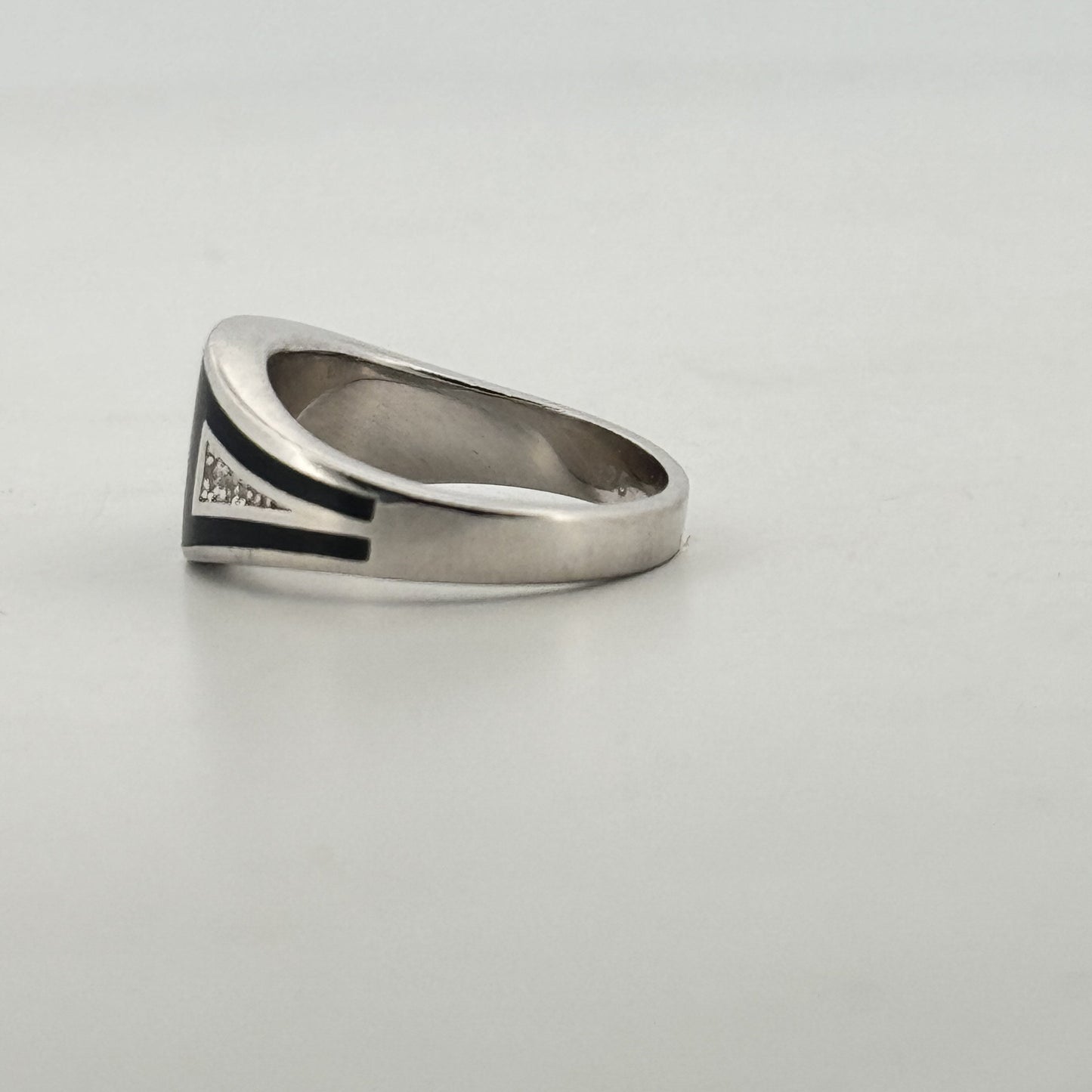Black enamel & white AD 925 silver designer ring — bold party & festive statement for men. - image 4