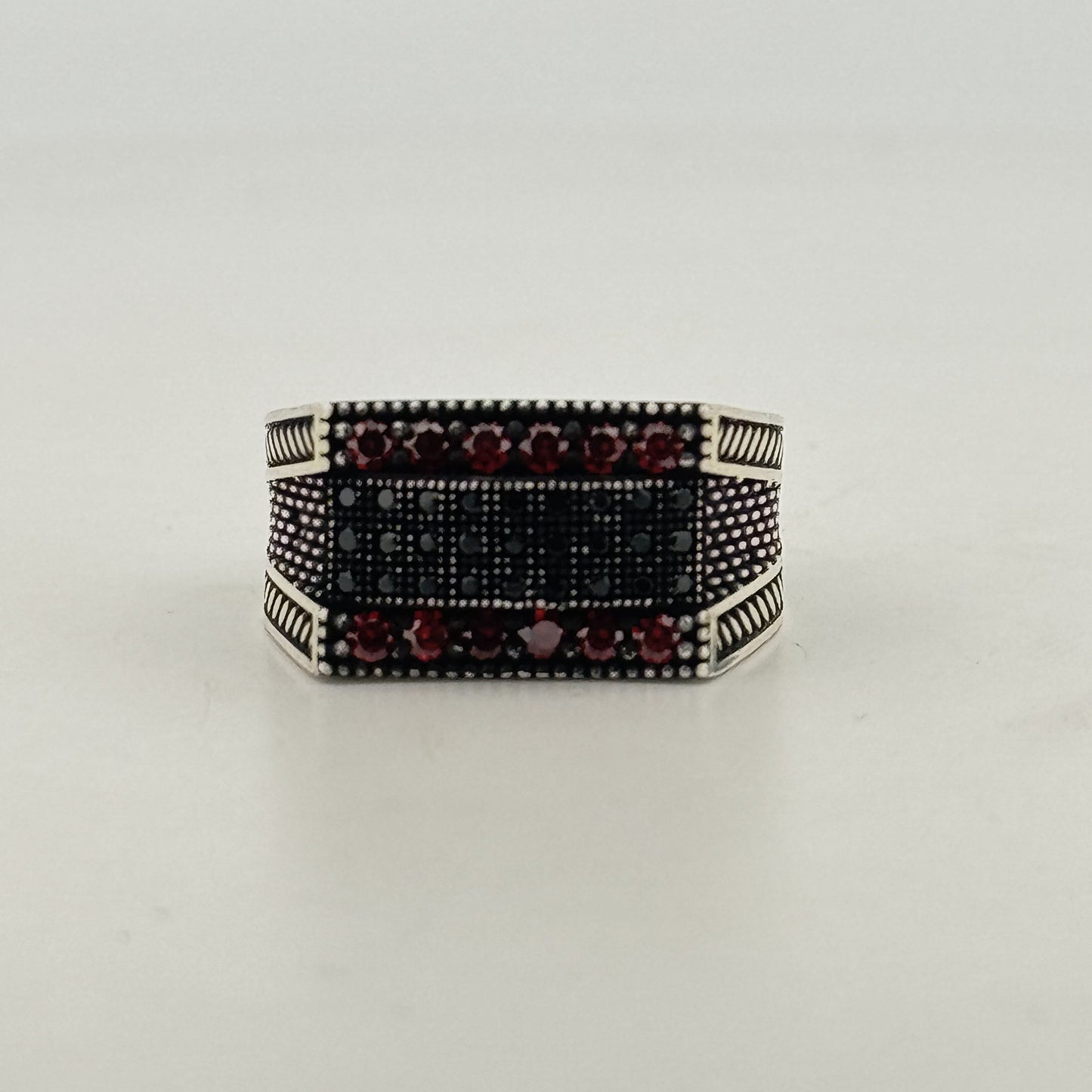 Red & black micro AD 925 silver Turkish ring | bold oxidised statement for festive gifting - image 1