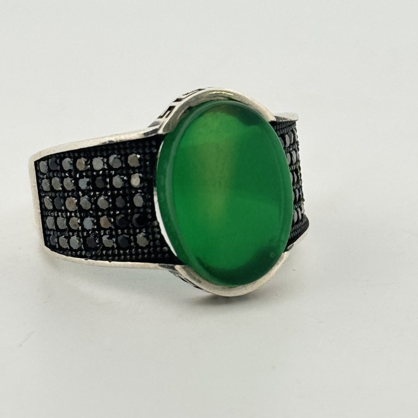 Green cabochon & black pavé 925 silver Turkish ring | oxidised heritage statement for men - image 1