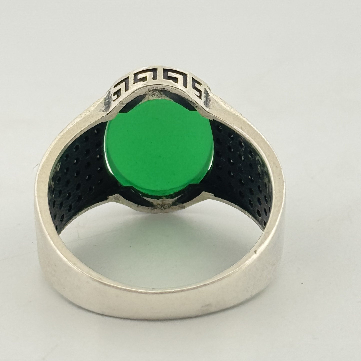 Green cabochon & black pavé 925 silver Turkish ring | oxidised heritage statement for men - image 2