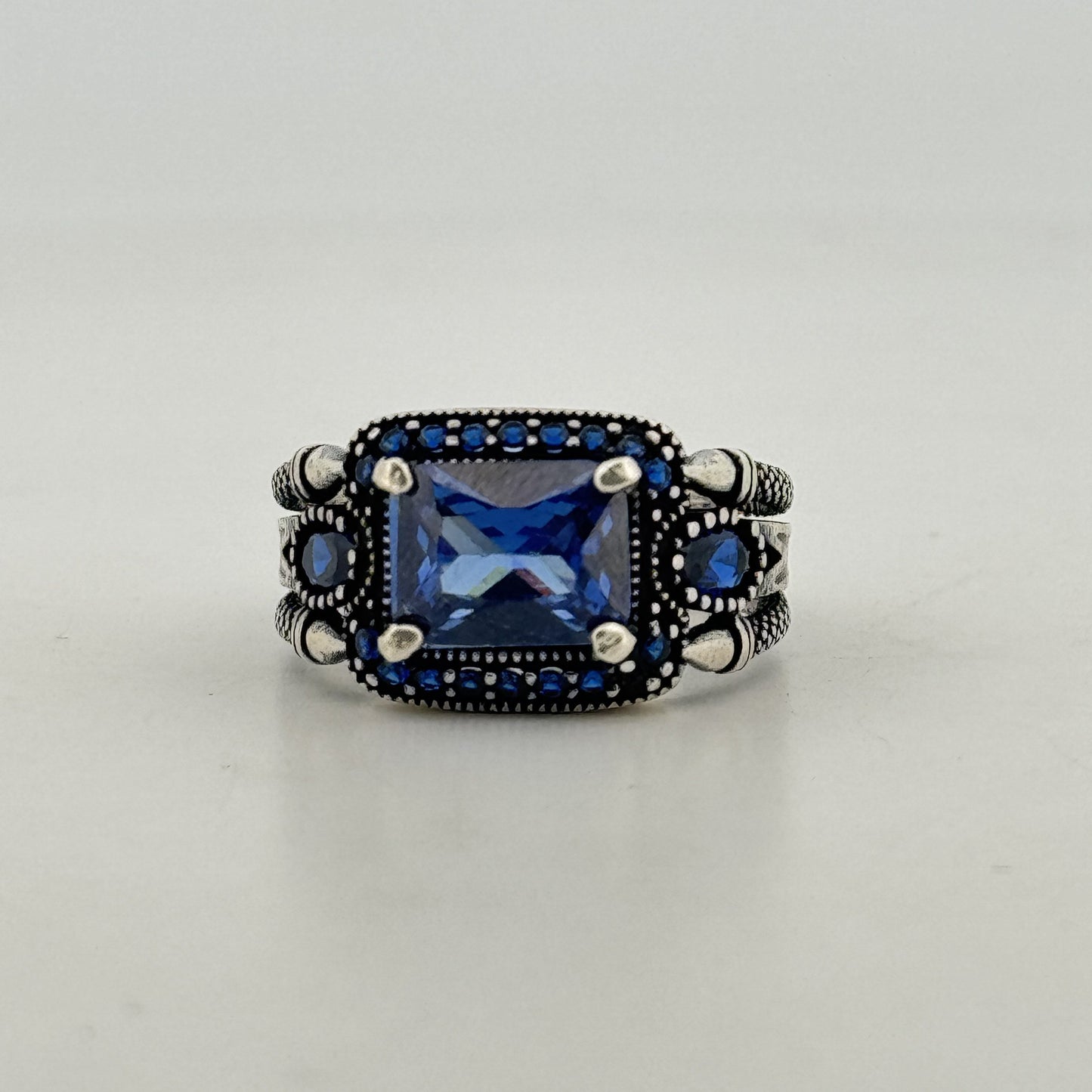 Synthetic blue sapphire 925 silver Turkish ring | royal oxidised statement for men's gifting - image 1