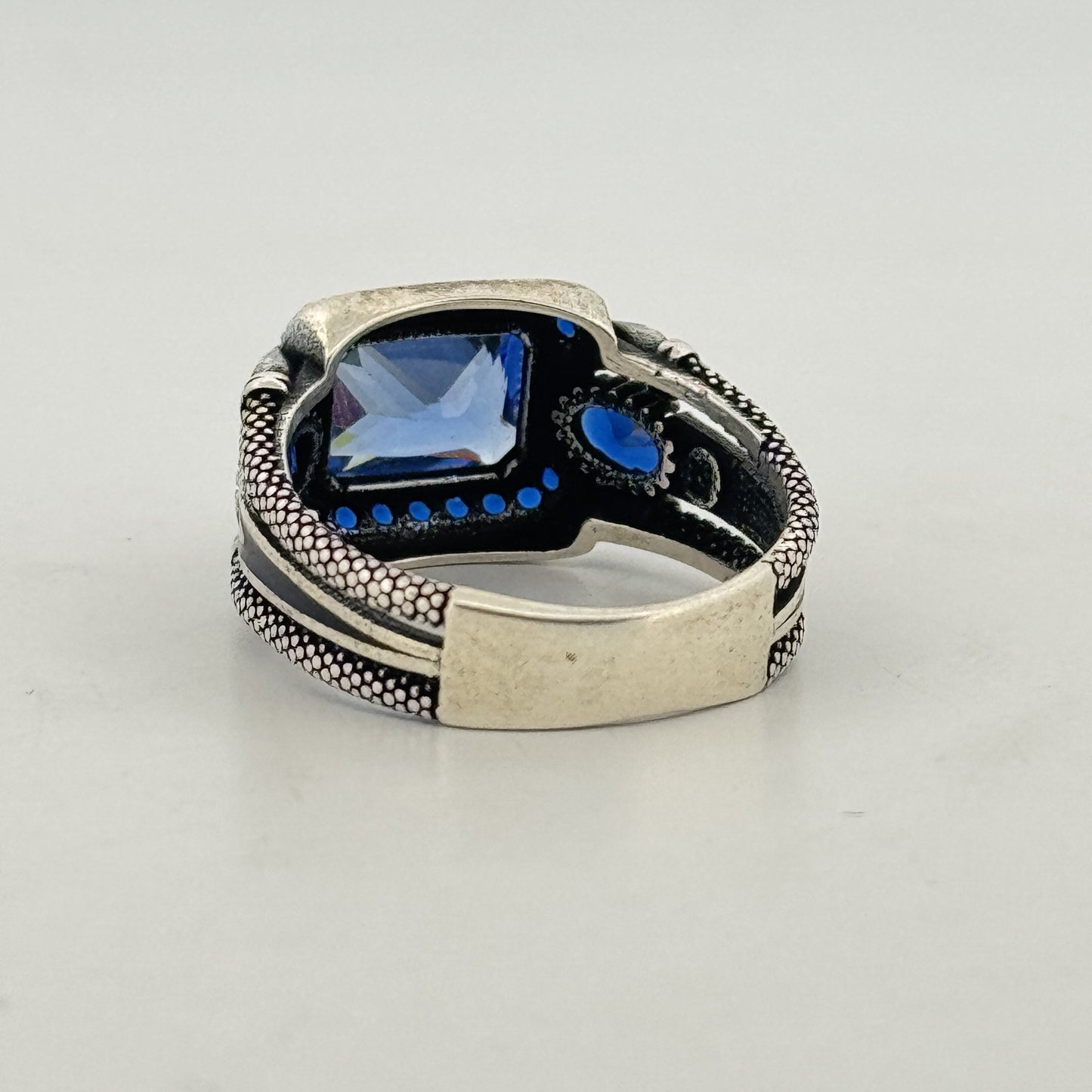 Synthetic blue sapphire 925 silver Turkish ring | royal oxidised statement for men's gifting - image 2