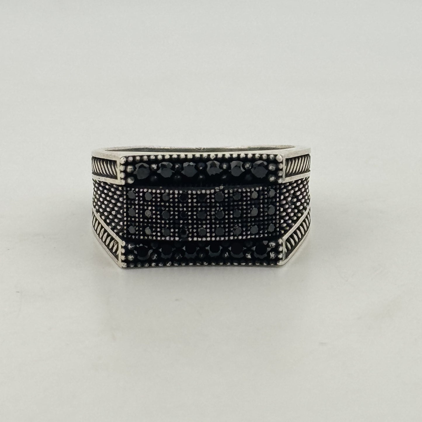 Black micro pavé AD 925 silver Turkish ring | wide oxidised statement for men's weddings - image 1