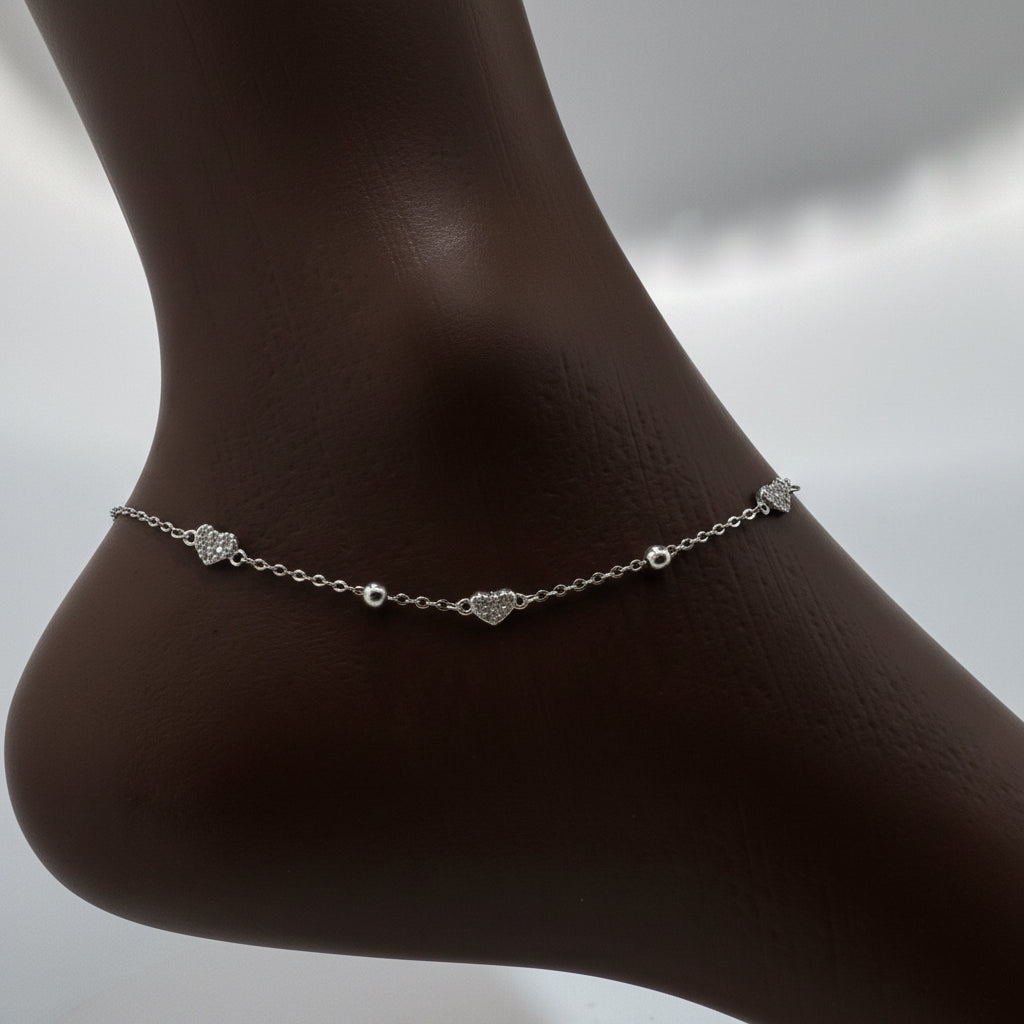 Pavé heart & ball station 925 silver anklet | sparkling festive & bridal gifting anklet - image 4