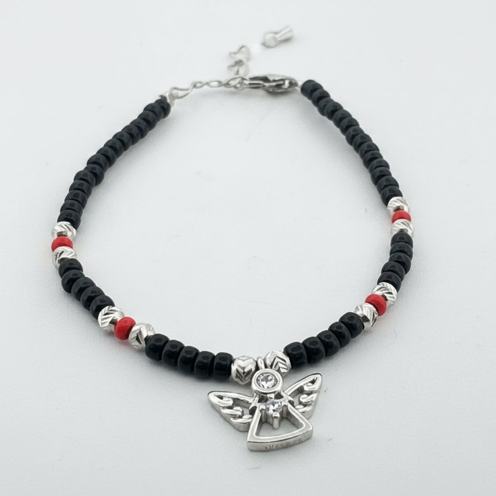 Angel charm black & red bead 925 silver kids bracelet | protective daily & festive gifting - image 1