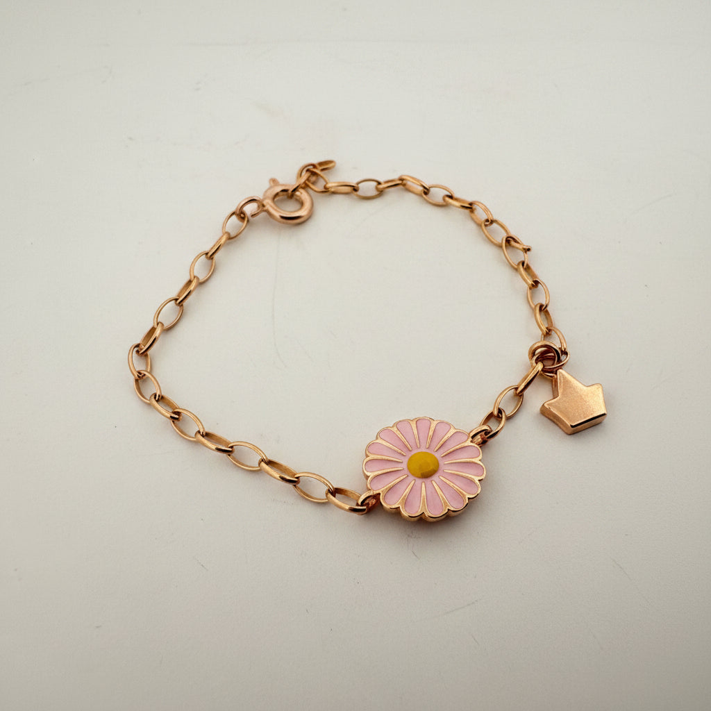 Enamel daisy & crown 925 silver kids rose gold bracelet | whimsical birthday gift for girls - image 1