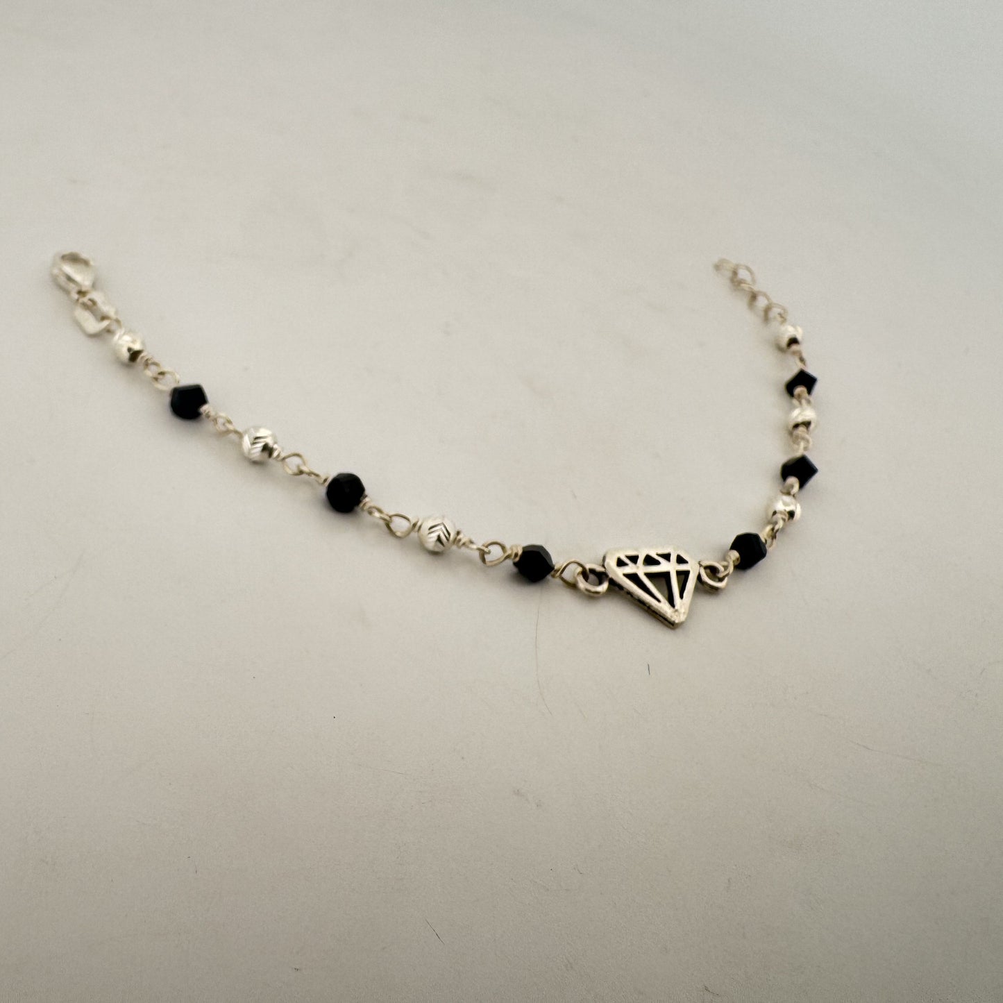 Openwork diamond charm black bead 925 silver kids bracelet | minimal auspicious daily gifting - image 1
