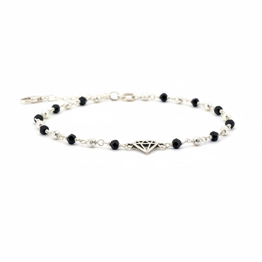 Openwork diamond charm black bead 925 silver kids bracelet | minimal auspicious daily gifting - image 2