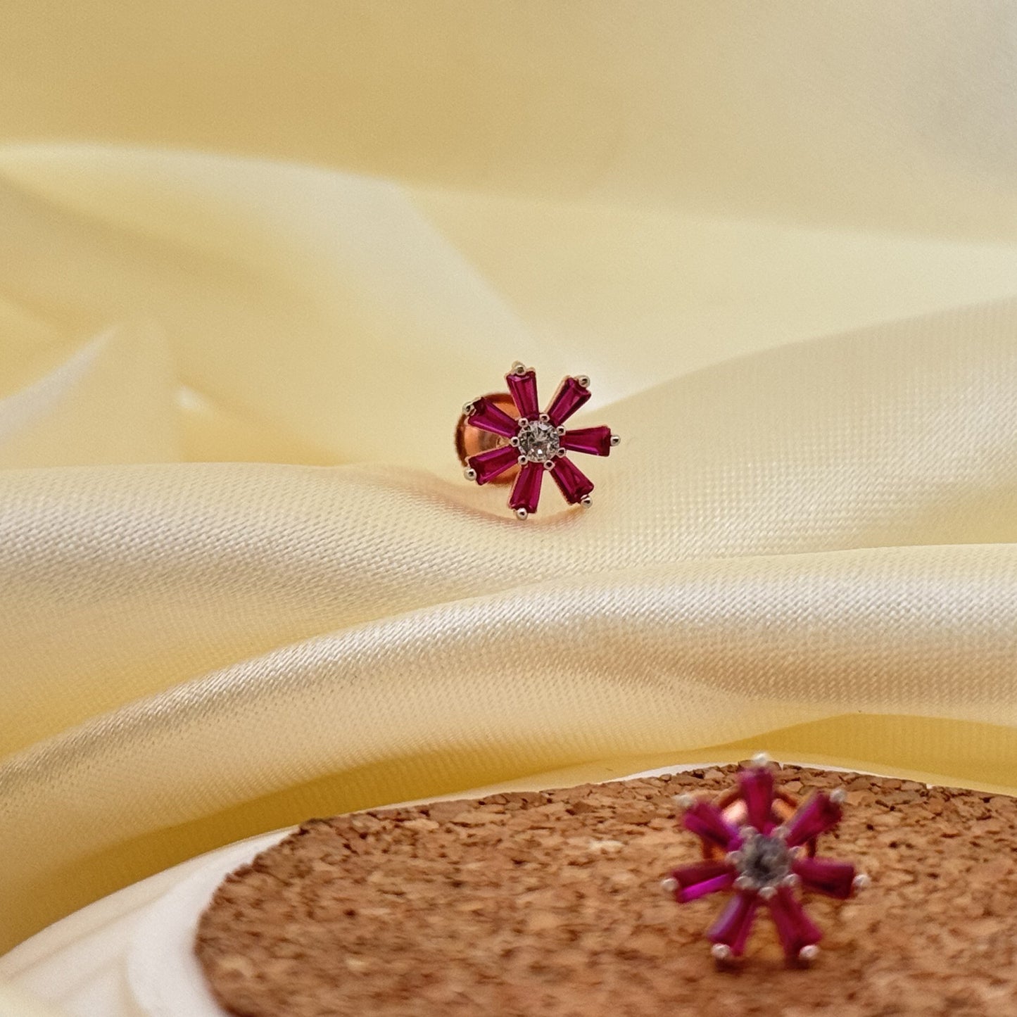 Dark pink AD baguette sunburst rose gold silver studs | wedding-ready floral glamour - image 1