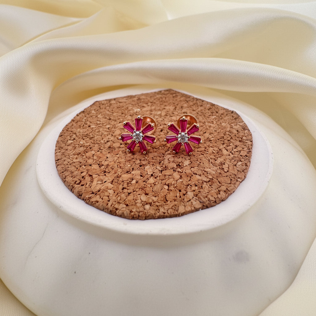 Dark pink AD baguette sunburst rose gold silver studs | wedding-ready floral glamour - image 2